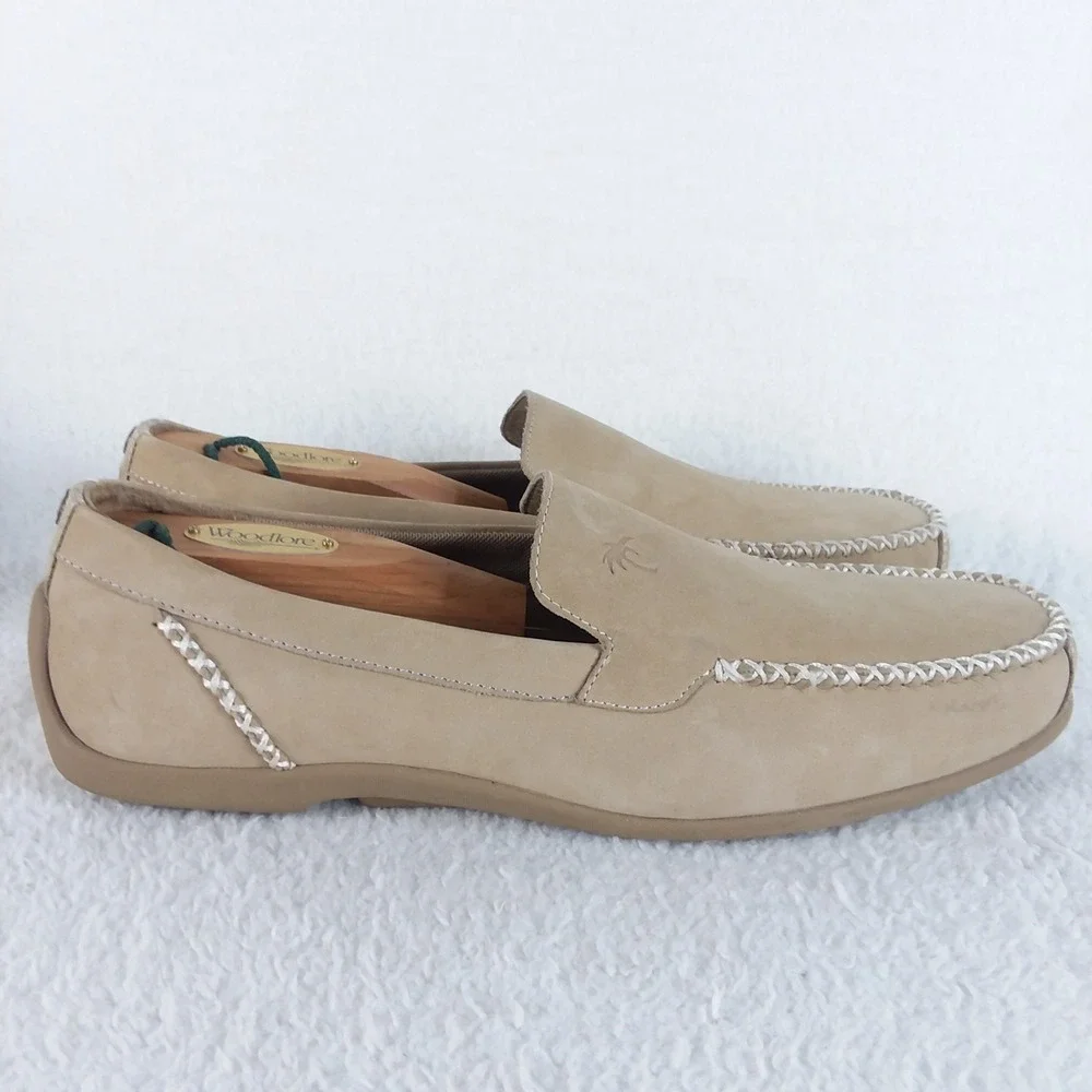 Margaritaville Venice Mens 10 Loafer Shoes Tan Suede Palm Tree Logo Boat Coastal